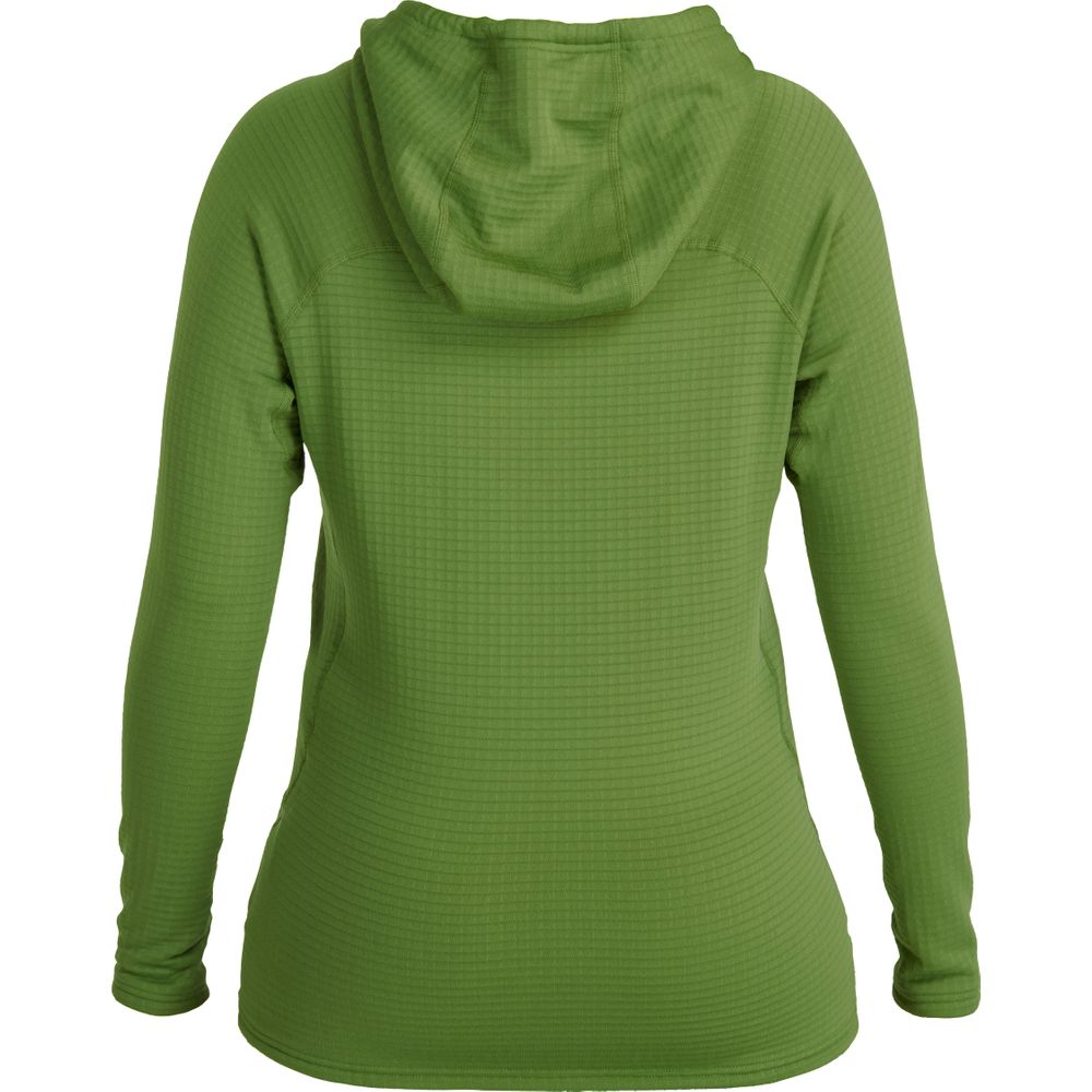 The Women's Lightweight Hoodie by NRS is green with a grid texture pattern, shown from the back, and crafted from moisture-wicking fabric.