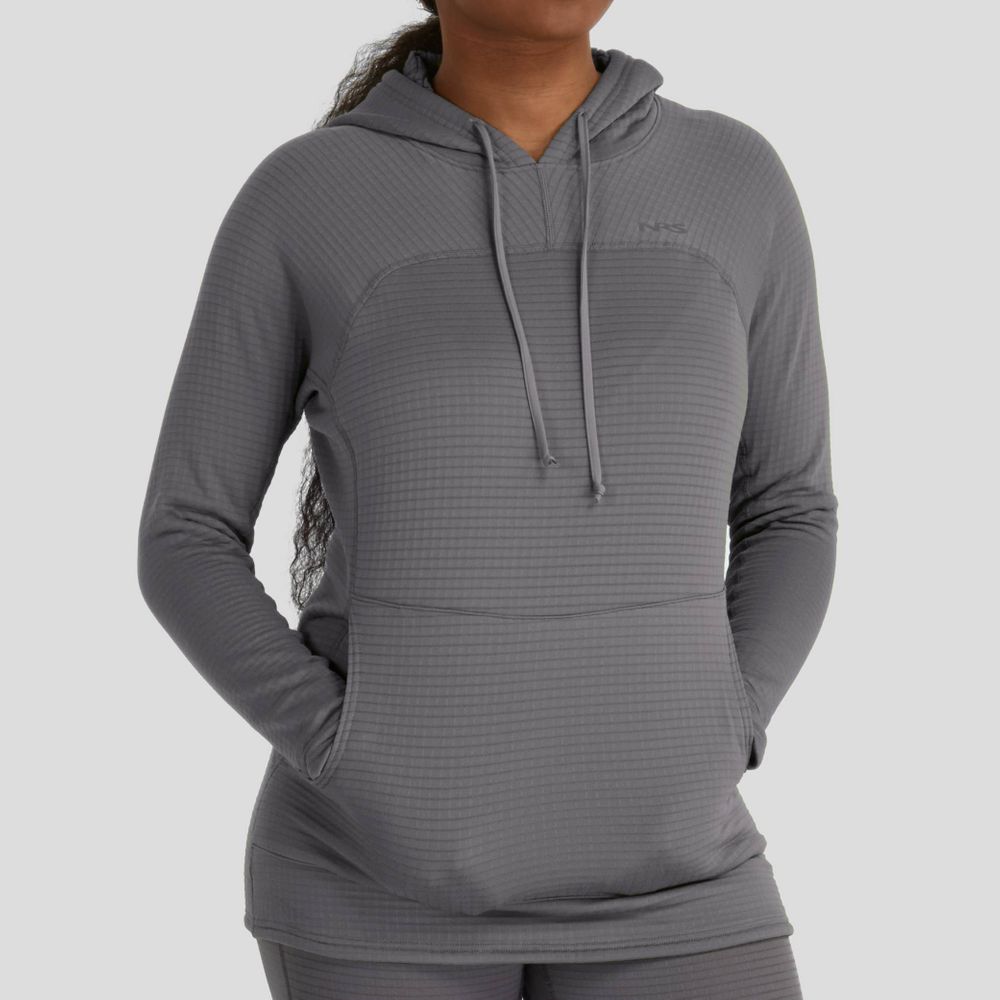 A person wearing the NRS Lightweight Hoodie - Women's, a gray long-sleeve with front pockets, stands against a plain background. The hoodie boasts moisture-wicking fabric for all-day comfort.