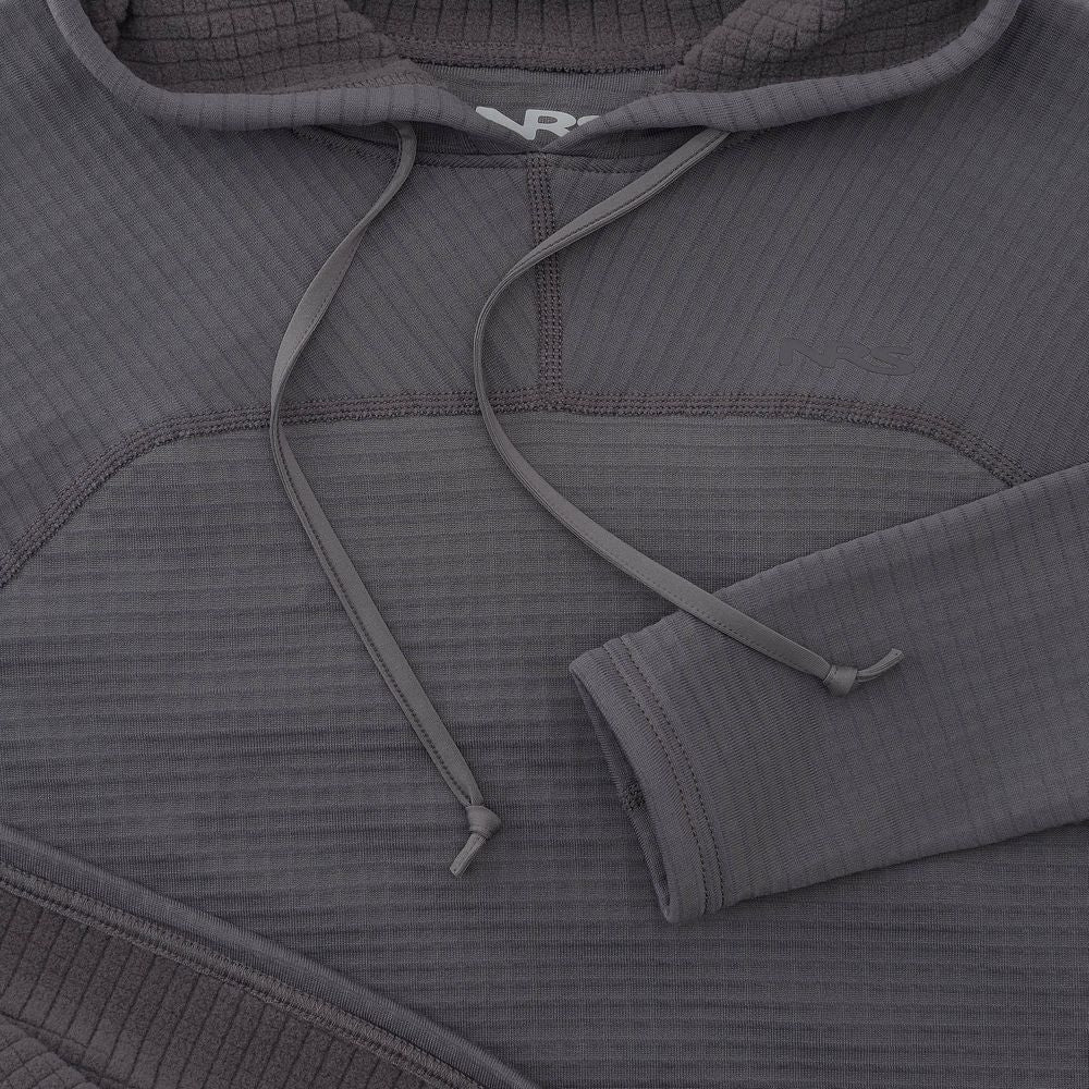 The NRS Women's Lightweight Hoodie is a gray ribbed design with drawstrings, long sleeves, and UPF 50+ sun protection, displayed flat.
