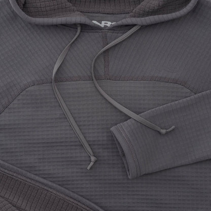 The NRS Women's Lightweight Hoodie is a gray ribbed design with drawstrings, long sleeves, and UPF 50+ sun protection, displayed flat.