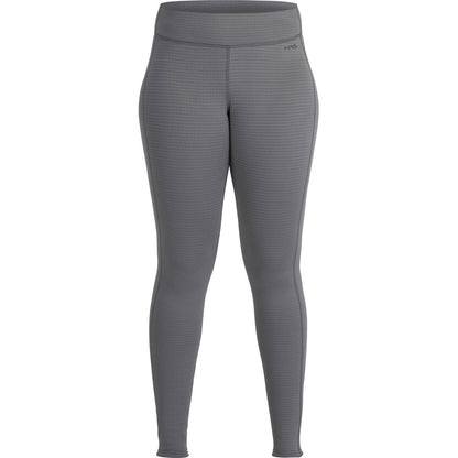 The NRS Lightweight Pants - Women's are gray, high-waisted leggings with a textured pattern and moisture-wicking technology for ultimate comfort, shown from the front.