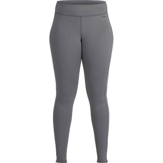 The NRS Lightweight Pants - Women's are gray, high-waisted leggings with a textured pattern and moisture-wicking technology for ultimate comfort, shown from the front.