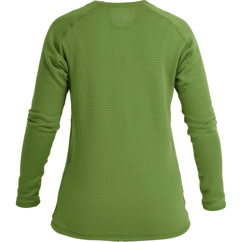 Back view of the NRS Women's Lightweight Shirt with a long-sleeve, green waffle-texture, round neckline design, providing excellent sun protection.