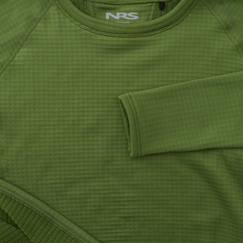 Close-up of a green, long-sleeved NRS Lightweight Shirt - Women's. An overlapping sleeve partially visible showcases the grid-like textured fabric design with moisture-wicking properties.