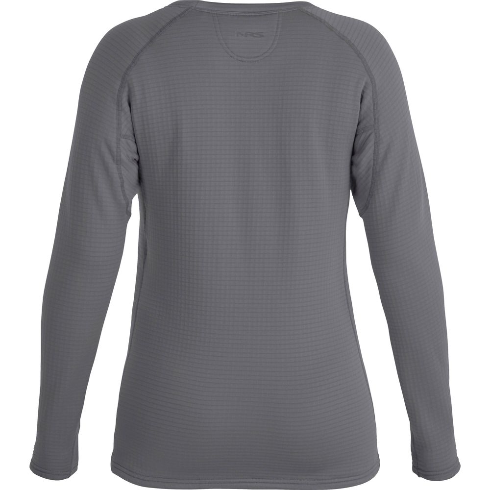 The NRS Lightweight Shirt for women showcases a subtle grid pattern and seam details from the back view. It's a gray, long-sleeve design made from moisture-wicking fabric for added comfort.