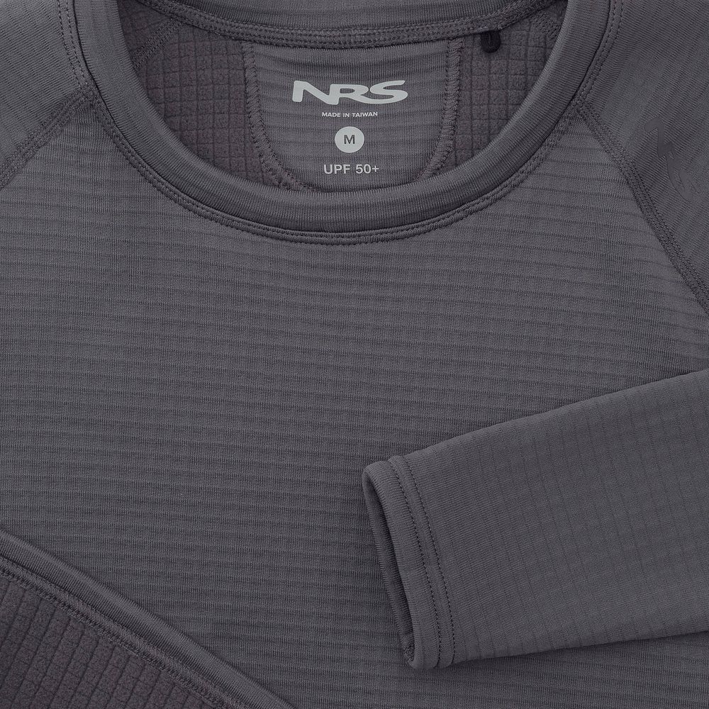Close-up of the NRS Lightweight Shirt - Women's in gray, a long-sleeve with ribbed texture, UPF 50+ sun protection, moisture-wicking features, and a visible label showing size M.