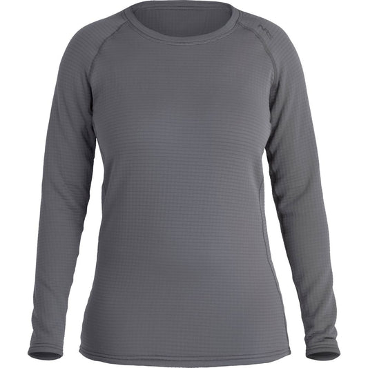 The NRS Lightweight Shirt for women, in gray, offers a long-sleeve design with a round neckline and ribbed texture, crafted from moisture-wicking fabric for comfort. It is showcased against a white background.