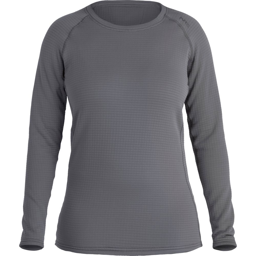 The NRS Lightweight Shirt for women, in gray, offers a long-sleeve design with a round neckline and ribbed texture, crafted from moisture-wicking fabric for comfort. It is showcased against a white background.