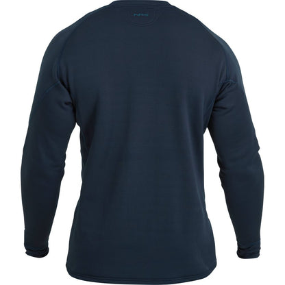 Back view of a navy NRS Expedition Weight Shirt - Men's, featuring long sleeves, UPF 50+ protection, and a small logo near the collar.
