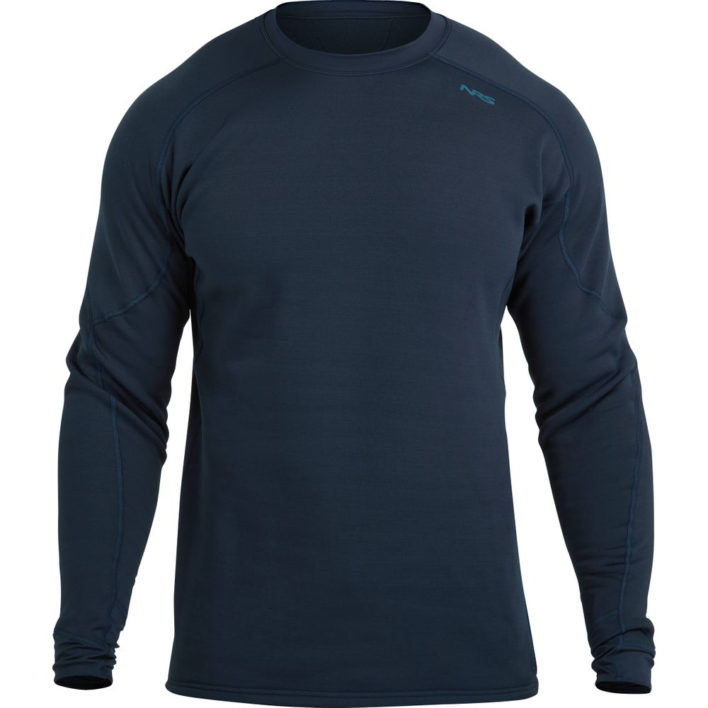 The NRS Expedition Weight Shirt - Men's is a navy, long-sleeve crewneck with subtle stitching, crafted from recycled fleece and offering UPF 50+ protection.