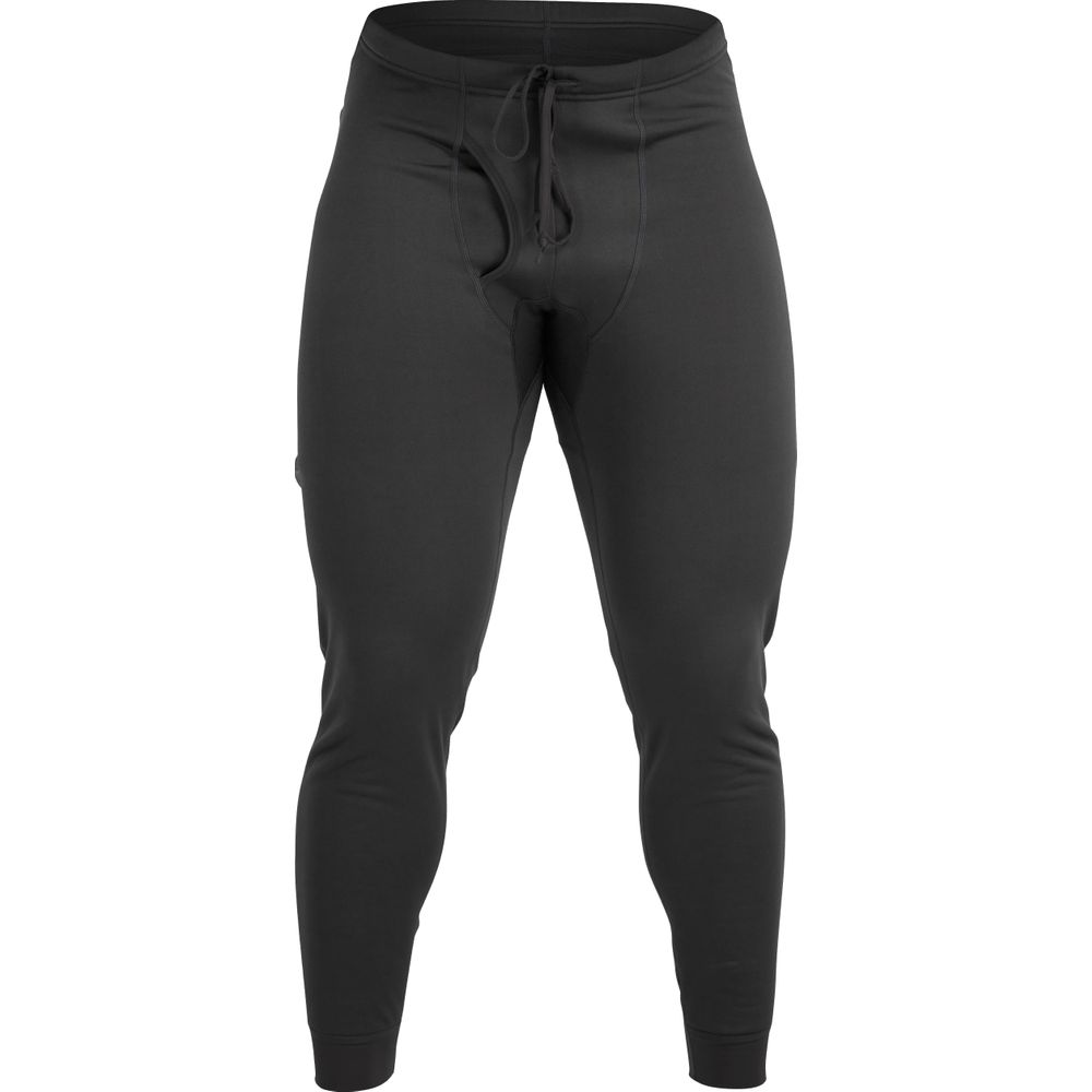 The NRS Expedition Weight Pants for men, in black, feature an elastic waistband with a drawstring, a front fly, and a fitted design. Made from high-stretch fleece with gasket-friendly cuffs for comfort and versatility.