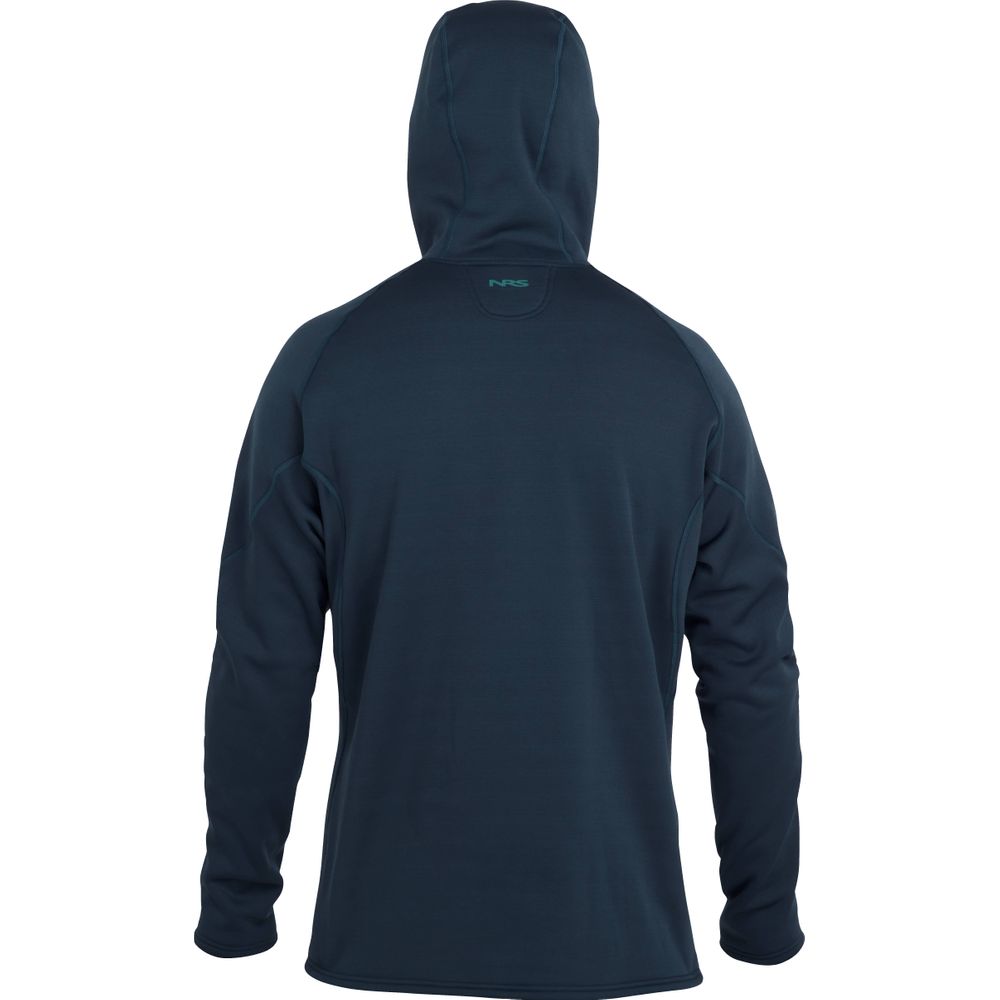 Back view of a person wearing the NRS Expedition Hoodie - Men's, made from breathable fleece, against a white background.
