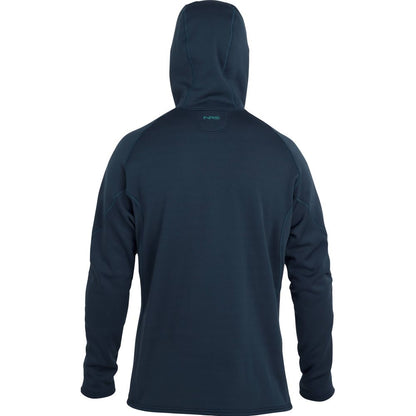 Back view of a person wearing the NRS Expedition Hoodie - Men's, made from breathable fleece, against a white background.