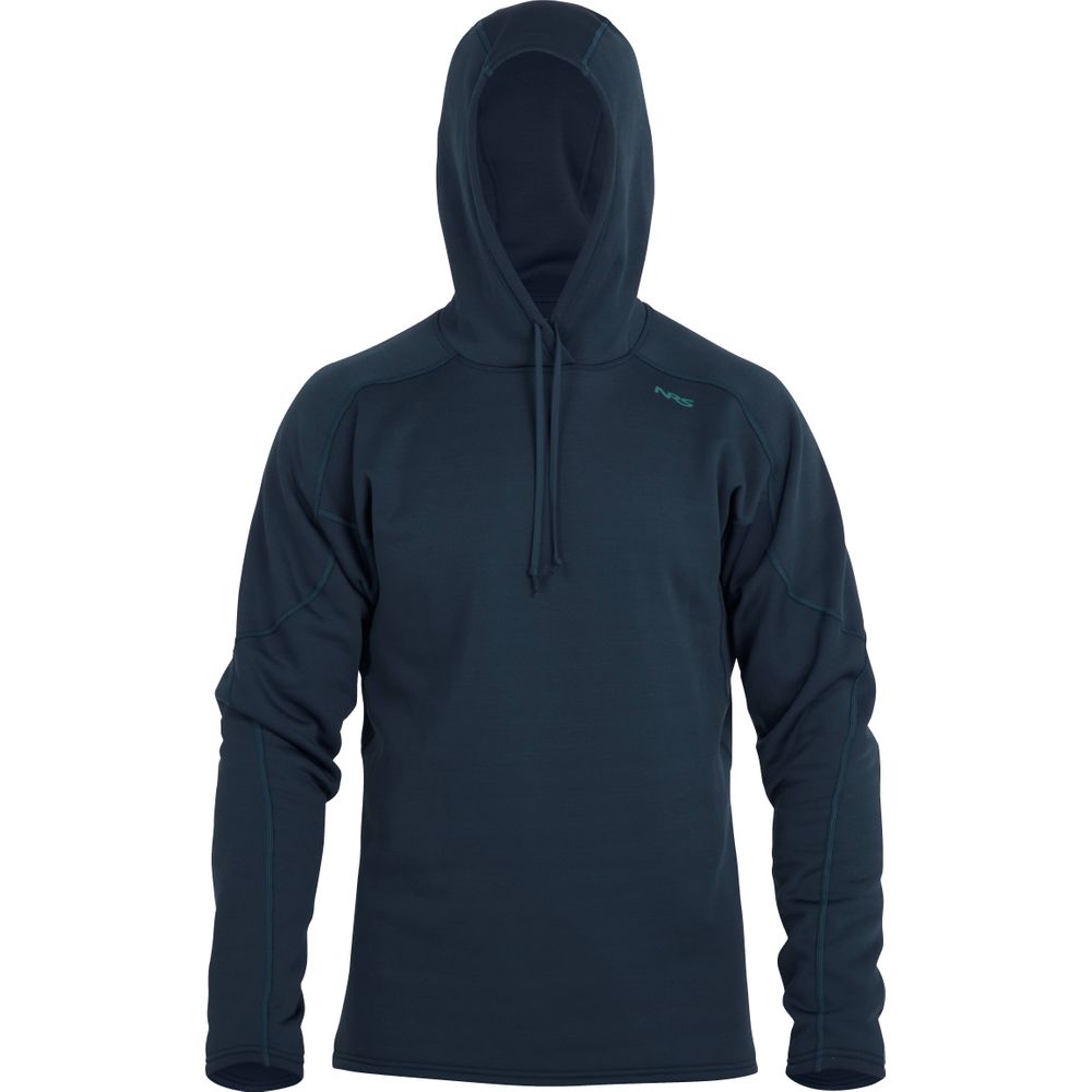 The NRS Expedition Hoodie - Men's is a black, breathable fleece long-sleeve with a front drawstring, displayed on a plain white background.