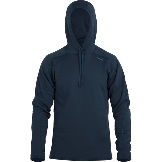 The NRS Expedition Hoodie - Men's is a black, breathable fleece long-sleeve with a front drawstring, displayed on a plain white background.