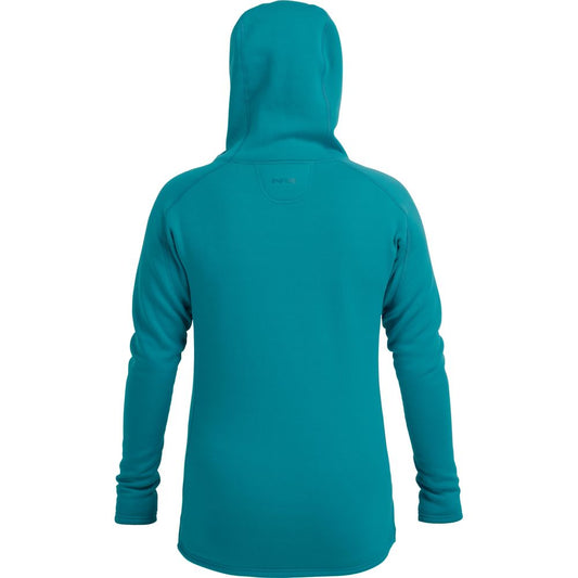 A person wearing the NRS Expedition Hoodie - Women's in teal is shown from the back against a plain white background, highlighting its breathable insulation and high-stretch fleece for comfort and warmth.