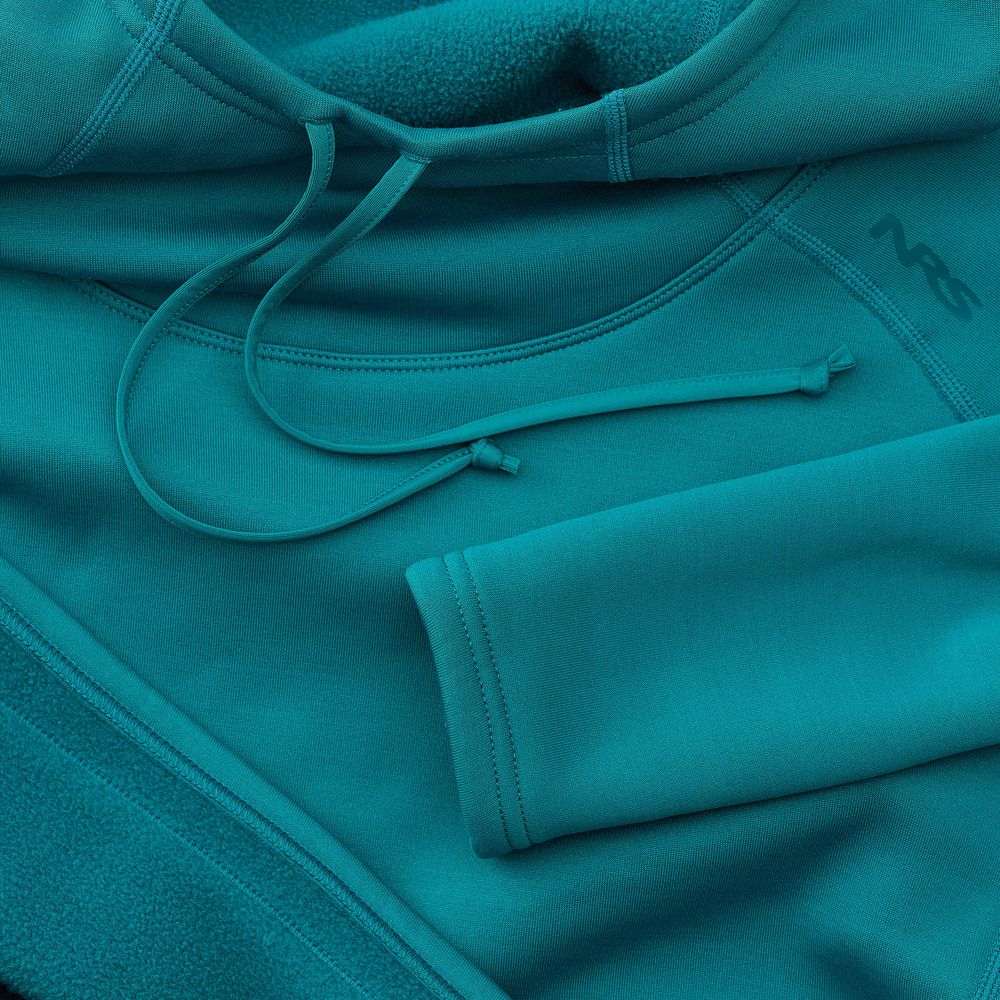 The NRS Women's Expedition Hoodie offers a teal design with visible drawstrings, a subtle sleeve logo, and high-stretch fleece. It combines style with function for breathable insulation and ultimate comfort.