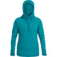 The NRS Expedition Hoodie - Women's in teal features long sleeves, a front pocket, and high-stretch fleece for breathable insulation, set against a plain white background.