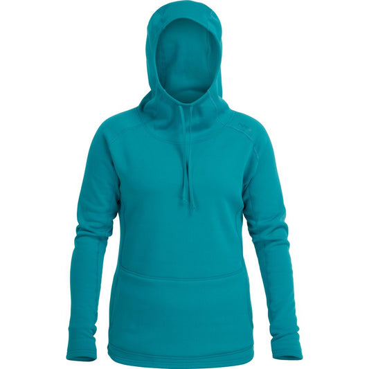 The NRS Expedition Hoodie - Women's in teal features long sleeves, a front pocket, and high-stretch fleece for breathable insulation, set against a plain white background.