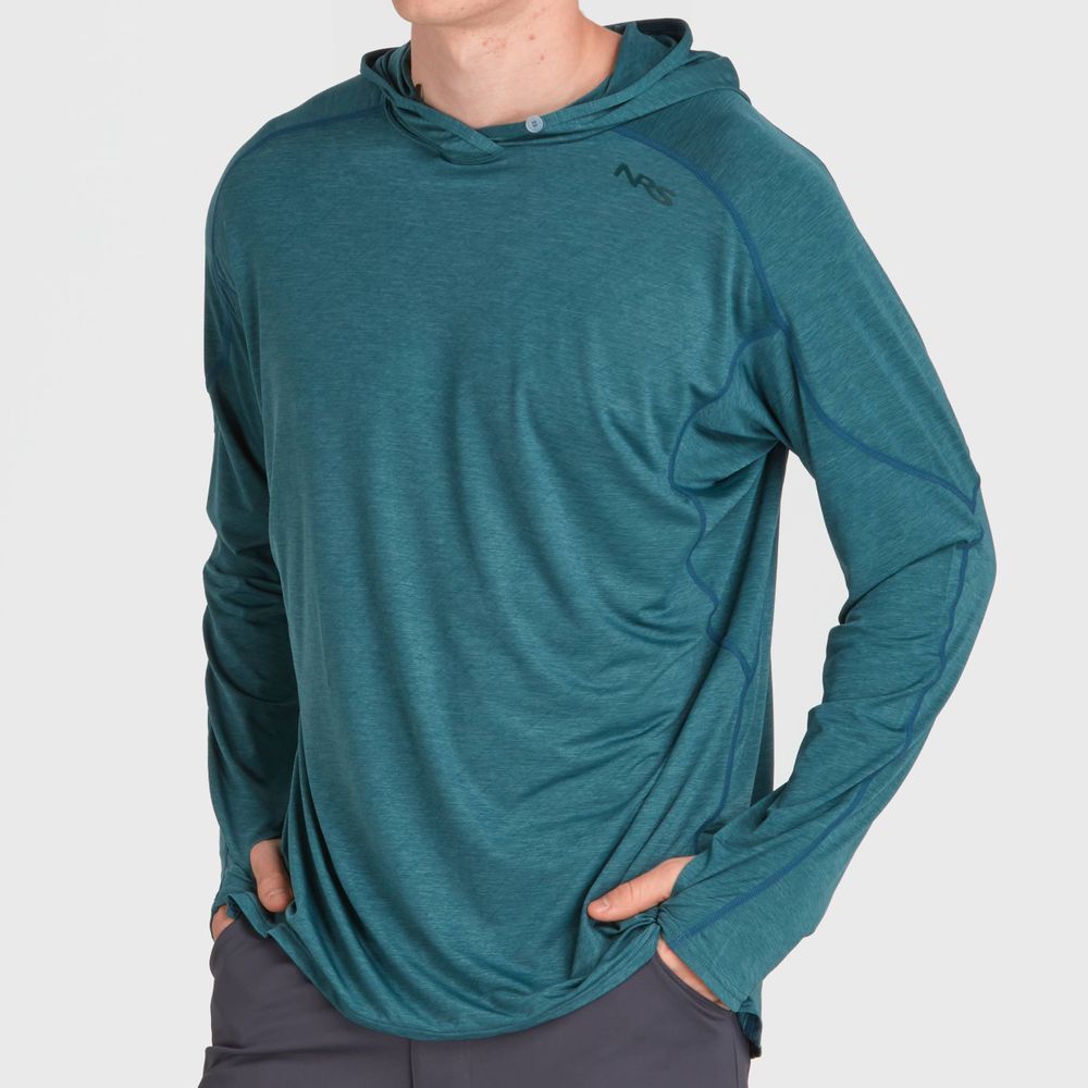 Featuring the H2Core Silkweight Hoodie - Men's men's sun wear, men's swim wear, men's thermal layering manufactured by NRS shown here from a twenty third angle.