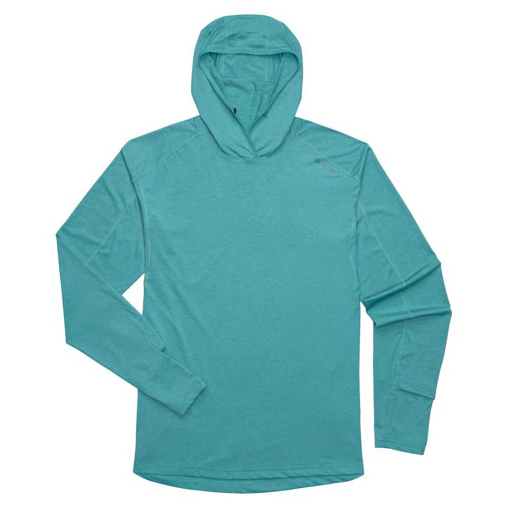The NRS Silkweight Hoodie - Men's, shown in teal with long sleeves for sun protection, is laid flat on a white background.