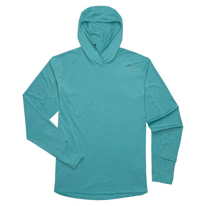 The NRS Silkweight Hoodie - Men's, shown in teal with long sleeves for sun protection, is laid flat on a white background.