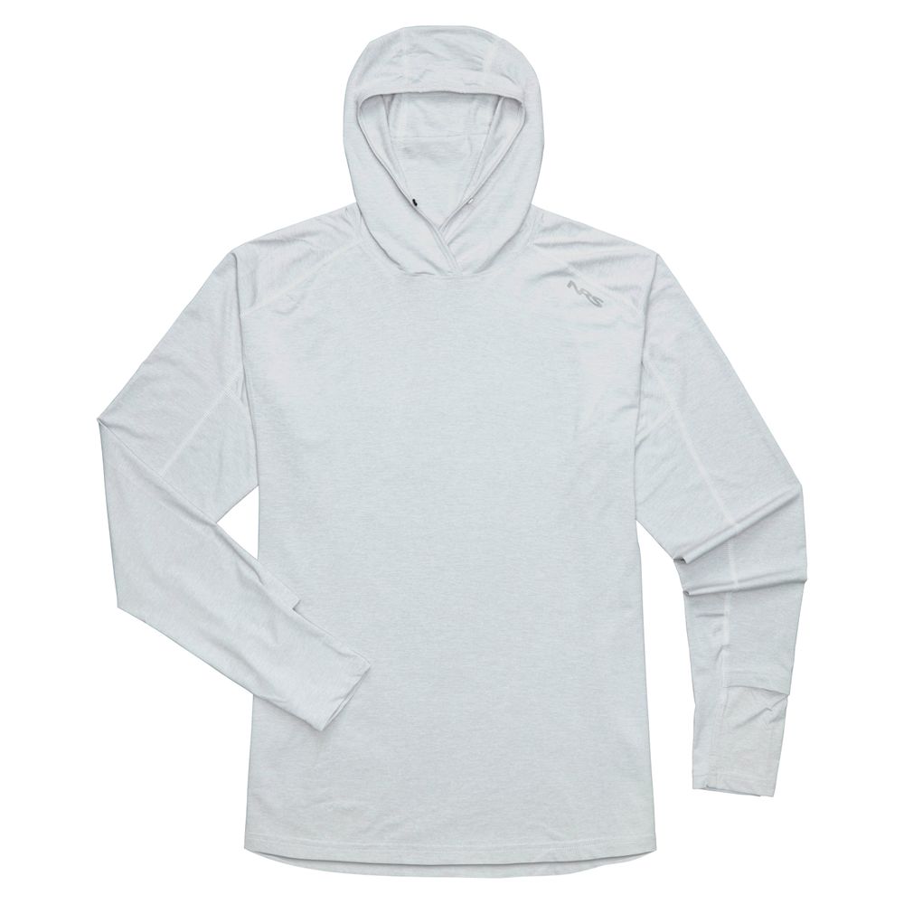 The NRS Silkweight Hoodie - Men's in light grey features long sleeves, a subtle upper left chest logo, and is laid flat on a white background. It provides moisture wicking and sun protection for all-day comfort.