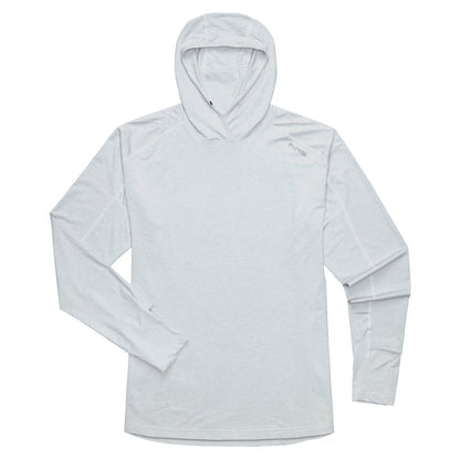 The NRS Silkweight Hoodie - Men's in light grey features long sleeves, a subtle upper left chest logo, and is laid flat on a white background. It provides moisture wicking and sun protection for all-day comfort.