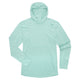 The NRS Silkweight Hoodie - Men's is shown in light blue, laid flat on a white background with visible seams, sun protection features, and a small logo on the left chest.