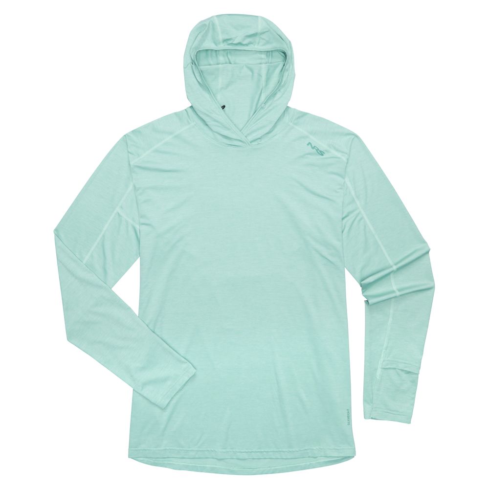 The NRS Silkweight Hoodie - Men's is shown in light blue, laid flat on a white background with visible seams, sun protection features, and a small logo on the left chest.