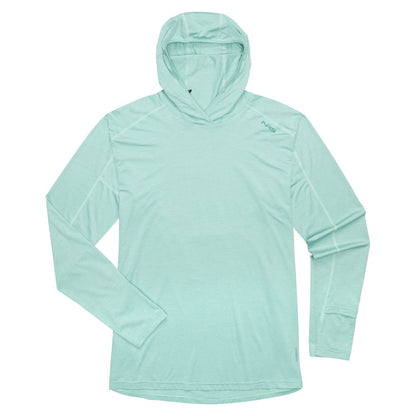 The NRS Silkweight Hoodie - Men's is shown in light blue, laid flat on a white background with visible seams, sun protection features, and a small logo on the left chest.