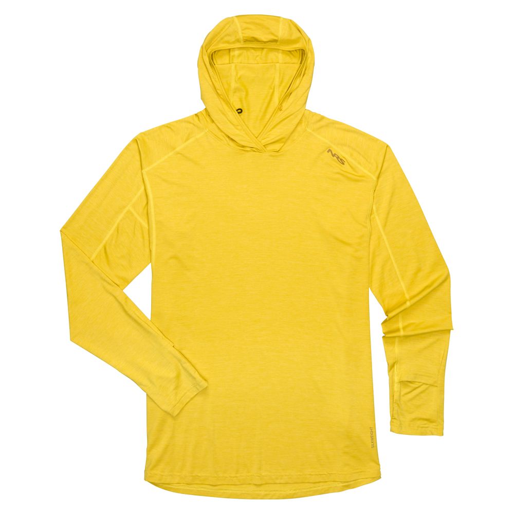 The NRS Silkweight Hoodie - Men's is a lightweight, long-sleeve yellow hoodie with a subtle left chest logo, featuring moisture-wicking comfort, shown on a plain white background.