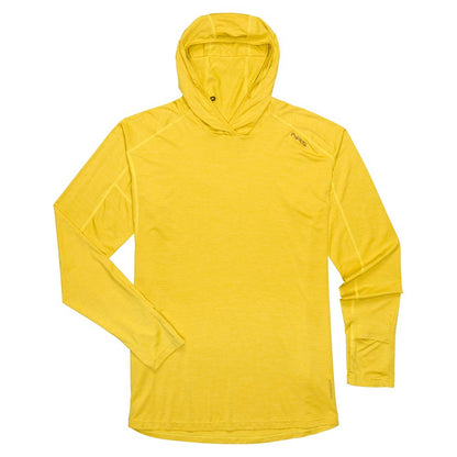 The NRS Silkweight Hoodie - Men's is a lightweight, long-sleeve yellow hoodie with a subtle left chest logo, featuring moisture-wicking comfort, shown on a plain white background.