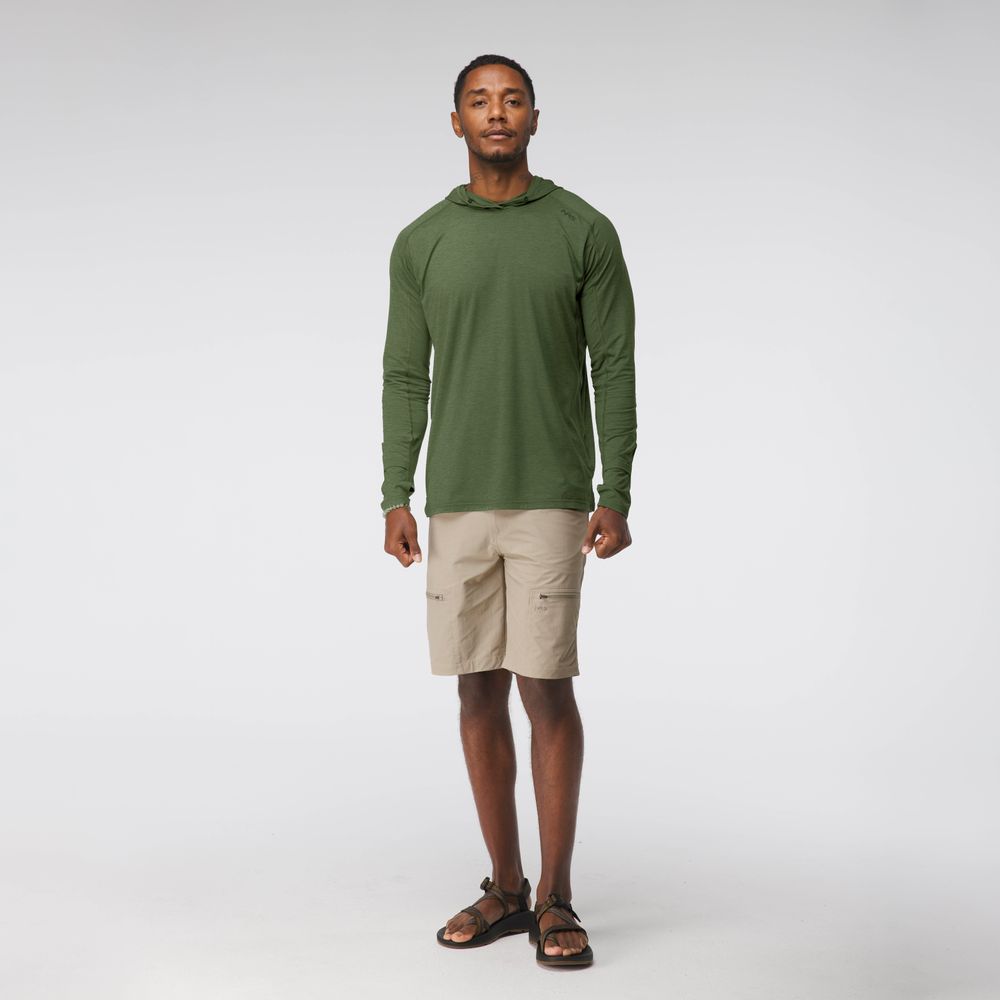 A person stands facing forward wearing the NRS Silkweight Hoodie - Men's, beige cargo shorts, and brown sandals against a plain light background.