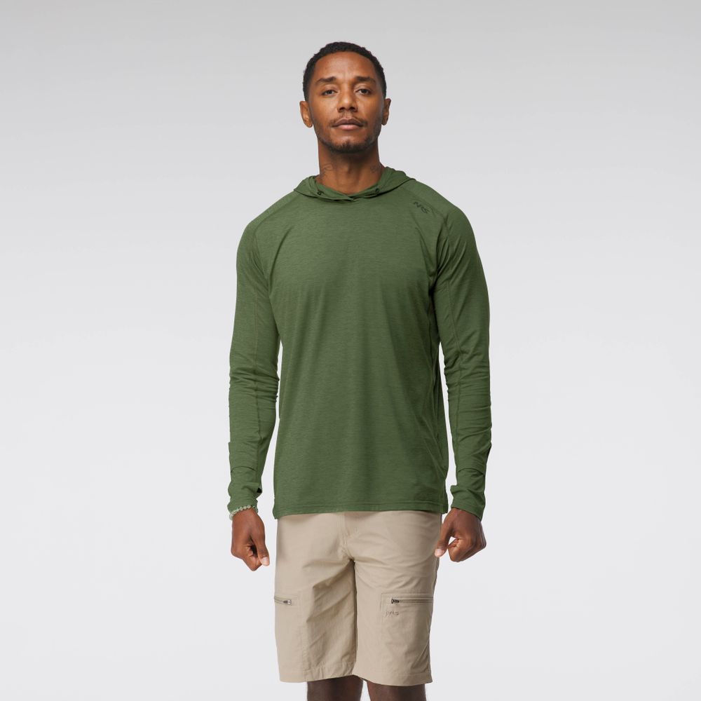 A man faces forward wearing the NRS Silkweight Hoodie - Men's with sun protection and beige shorts against a plain light gray background.
