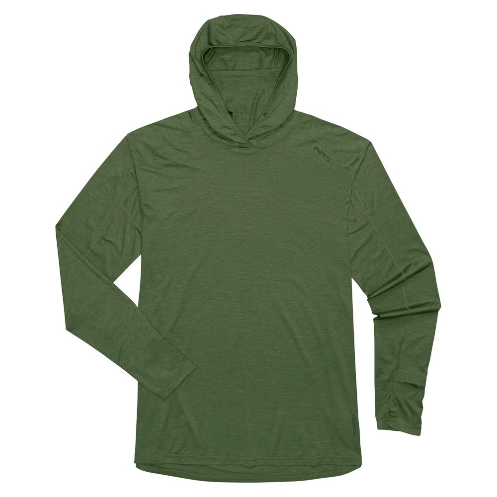 The NRS Silkweight Hoodie - Men's in olive green features long sleeves, a small left chest logo, moisture-wicking fabric, and added sun protection for all-day comfort. Shown laid flat on a white background.