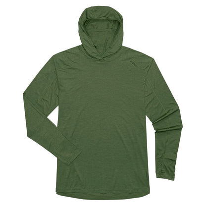 The NRS Silkweight Hoodie - Men's in olive green features long sleeves, a small left chest logo, moisture-wicking fabric, and added sun protection for all-day comfort. Shown laid flat on a white background.