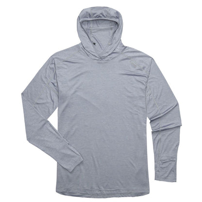 The NRS Silkweight Hoodie - Men's is shown laid flat on a white background, highlighting visible seams, thumb holes on the sleeves, and built-in sun protection ideal for outdoor activities.