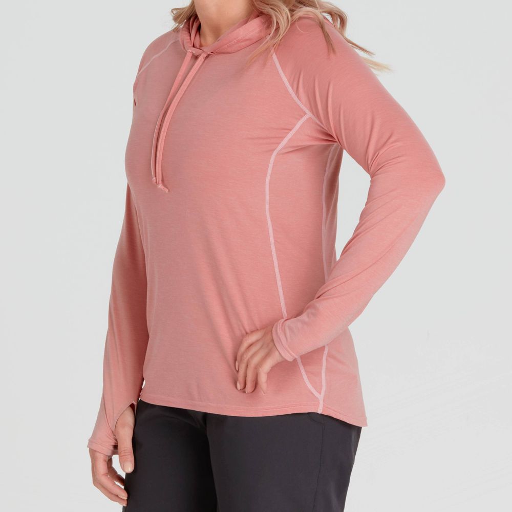 Featuring the H2Core Silkweight Hoodie - W's women's sun wear, women's swim wear, women's thermal layering manufactured by NRS shown here from an eighteenth angle.