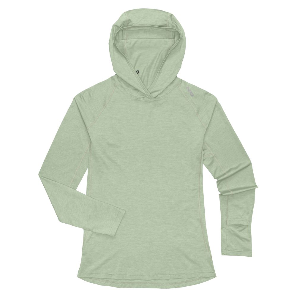 The NRS Silkweight Hoodie - Women’s in light green is shown laid flat, offering a relaxed fit with no visible graphics—ideal as a women’s base layer for enhanced sun protection.
