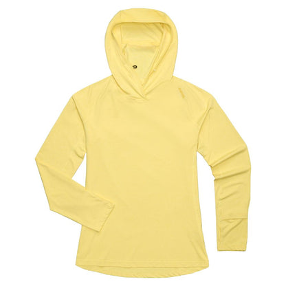 The NRS Silkweight Hoodie - Women's is a long-sleeve, light yellow sun-protection hoodie with a hood and no visible logos or patterns, shown laid flat on a white background.