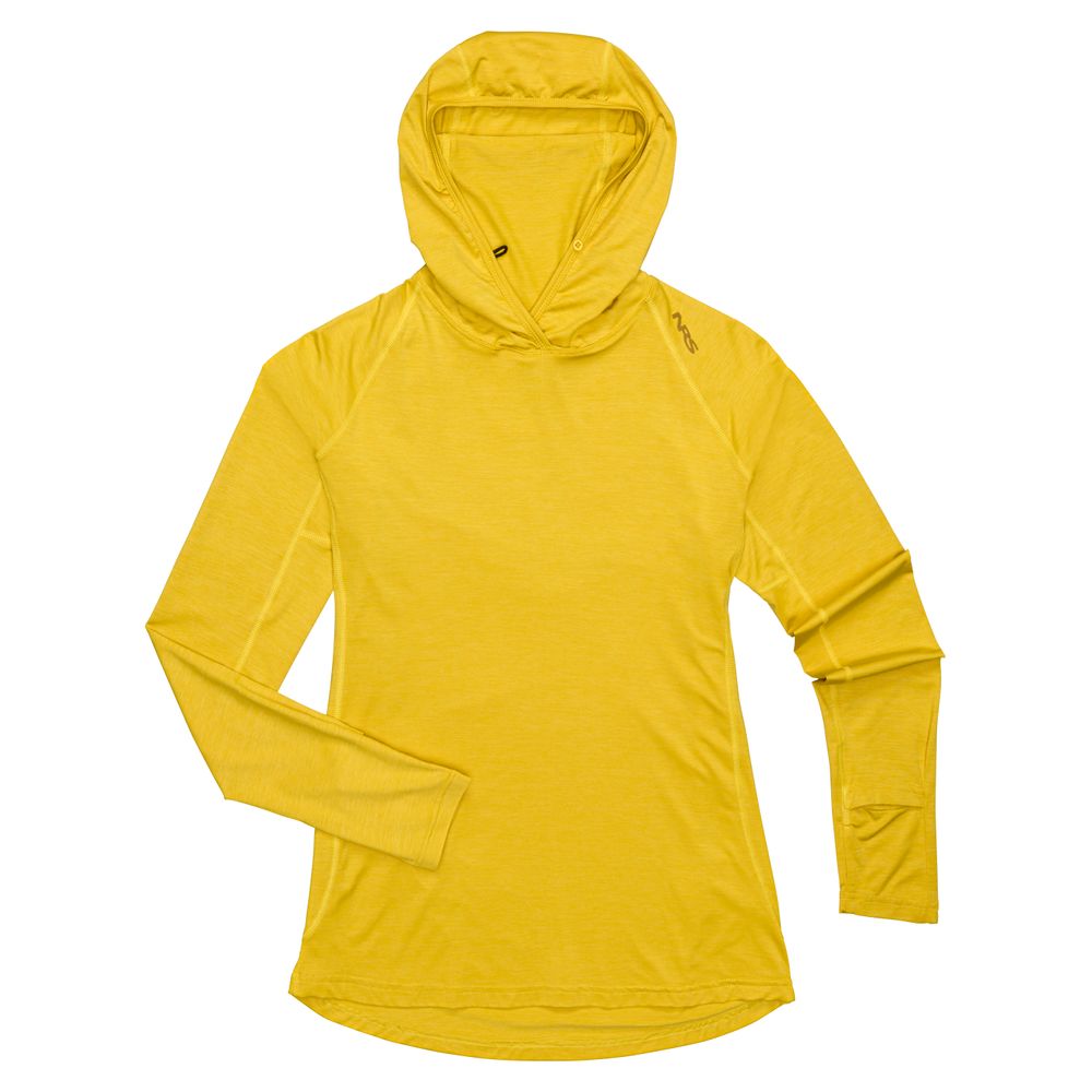 The NRS Silkweight Hoodie - Women's is a lightweight, long-sleeved yellow base layer shown flat on a white background, designed for women and offering dependable sun protection.