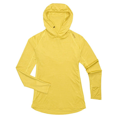 The NRS Silkweight Hoodie for women features long sleeves, a small shoulder logo, and excellent breathability in yellow.