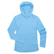 The NRS Silkweight Hoodie - Women's, shown in light blue laid flat on a white background with the left sleeve bent inward, is ideal as a base layer or for extra sun protection.