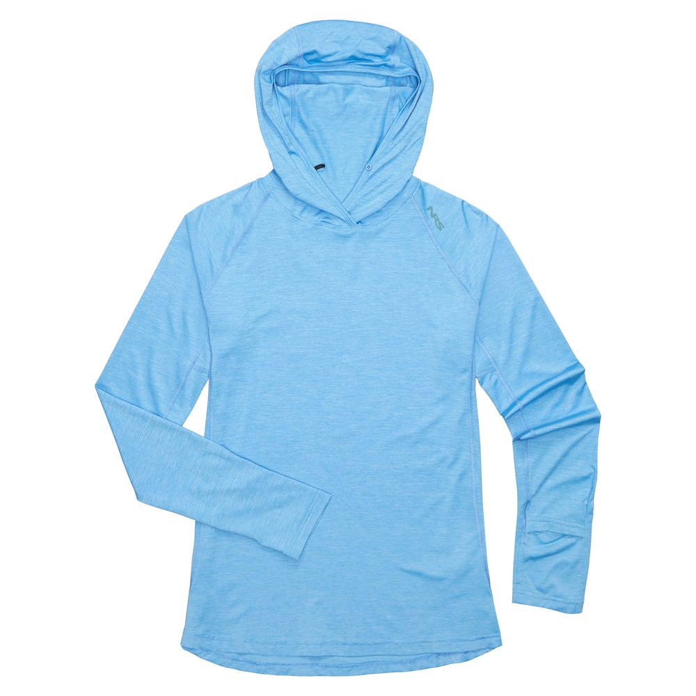 The NRS Silkweight Hoodie - Women's, shown in light blue laid flat on a white background with the left sleeve bent inward, is ideal as a base layer or for extra sun protection.