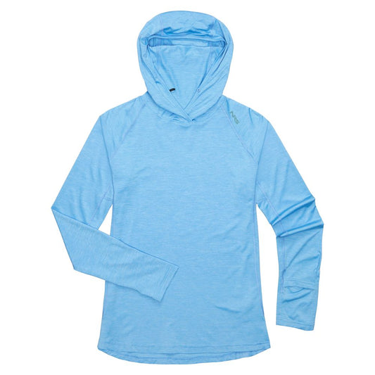 The NRS Silkweight Hoodie for women comes in light blue, features a hood and long sleeves, is designed for optimal breathability, and provides sun protection on a white background.