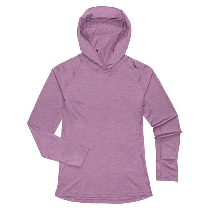 The NRS Silkweight Hoodie - Women's, in light purple with long sleeves and sun protection, is displayed flat on a white background.