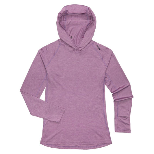 The NRS Women's Silkweight Hoodie is a purple long-sleeve top with a subtle heathered texture, offering excellent breathability and featuring a small logo on the left shoulder.