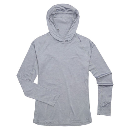 The NRS Silkweight Hoodie - Women's is a light gray hoodie with long sleeves and thumb holes, designed for sun protection with its technical fabrics, and shown laid flat on a white background.
