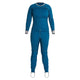 The NRS Expedition Weight Union Suit - Women's is a blue full-body jumpsuit with gray cuffs and collar, front zipper, and white foot covers, shown on an invisible mannequin—ideal as a fleece onesie for paddling.